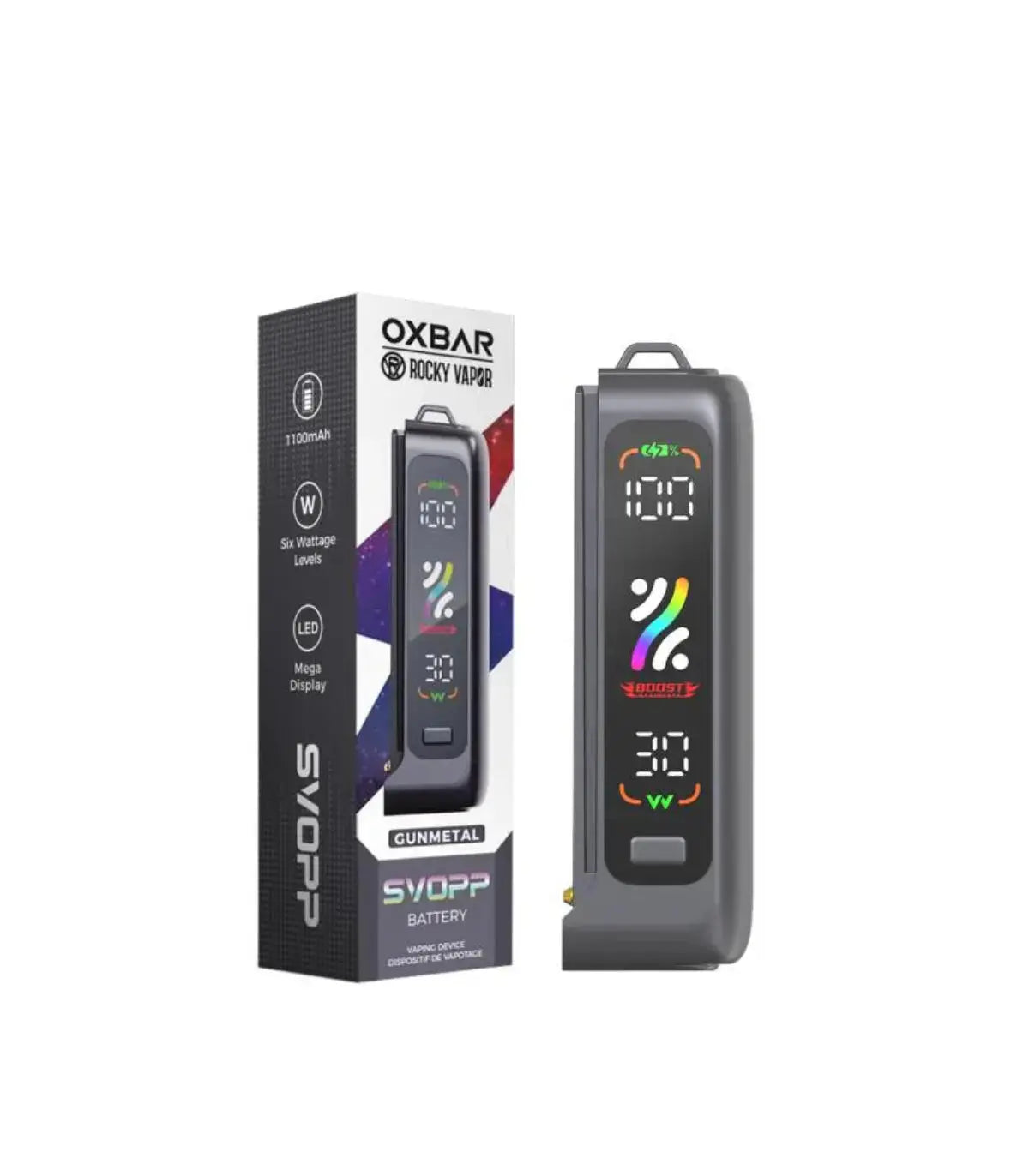 OXBAR x Pod Juice Svopp 30000 Puff Disposable – Ultimate Long-Lasting Vape OXBAR X POD JUICE, SVOPP 30K battery unit displaying wattage and battery percentage, oxbar svopp battery, svopp battery gunmetal 