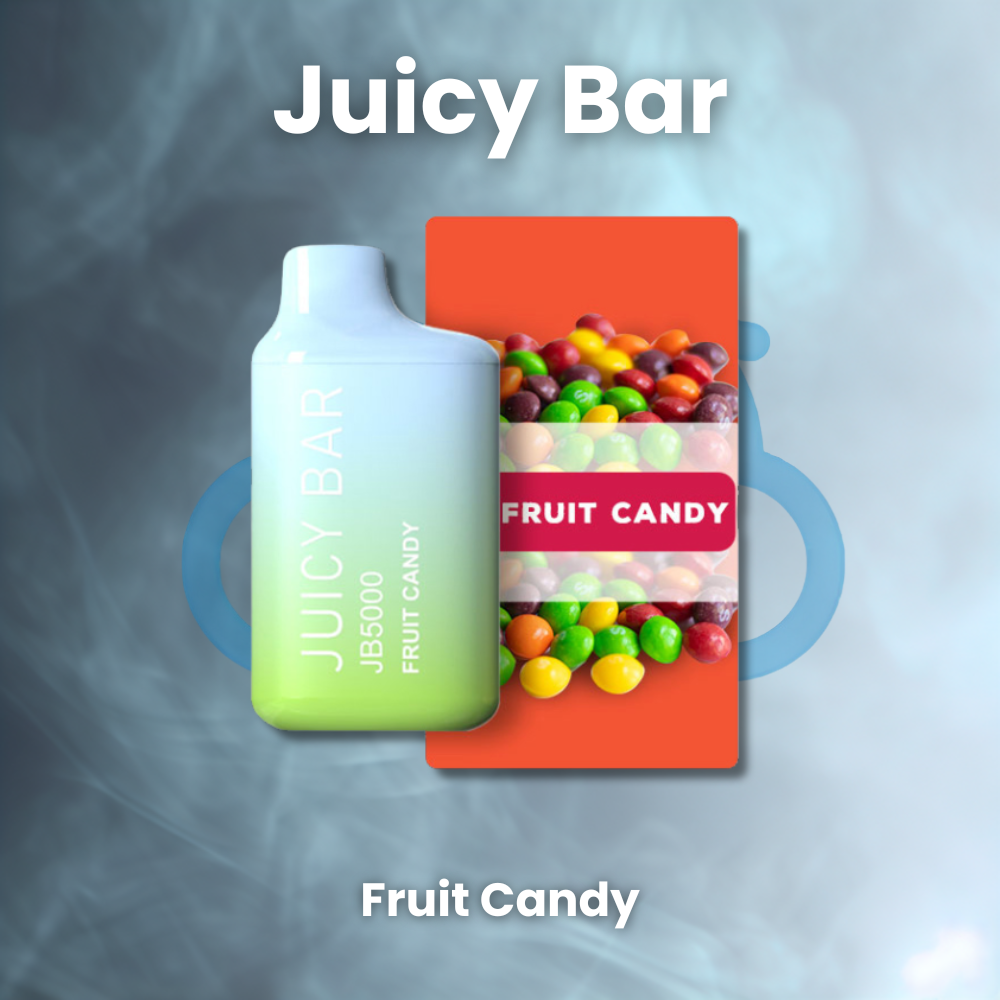  Juicy Bar disposable vape device, sold on the Cloudchasersclub website, featuring the Fruit Candy flavor with a sleek and compact design. The device is capable of delivering up to 5000 puffs and has a vibrant gradient color scheme, with the flavor name prominently displayed on the front.Buy juicy bar 5000 puffs, buy juicy bar 5000 puffs flavors,Juicy bar vape, jb5000, juicy bar 5000 vape, juicy bar disposable, juicy bar vape fruit candy