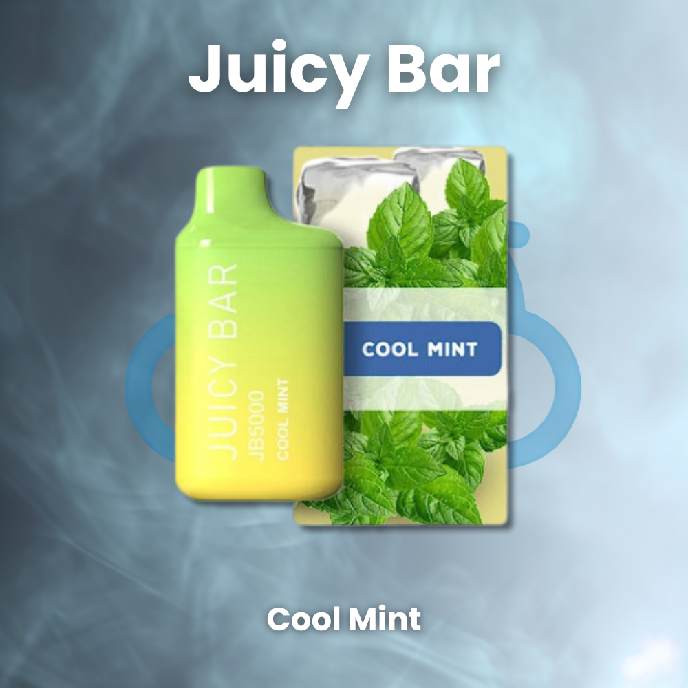 Juicy Bar disposable vape device, sold on the Cloudchasersclub website, featuring the Cool Mint flavor with a sleek and compact design. The device is capable of delivering up to 5000 puffs and has a light blue color scheme, with the flavor name prominently displayed on the front.Buy juicy bar 5000 puffs, buy juicy bar 5000 puffs flavors,Juicy bar vape, jb5000, juicy bar 5000 vape, juicy bar disposable, juicy bar vape cool mint