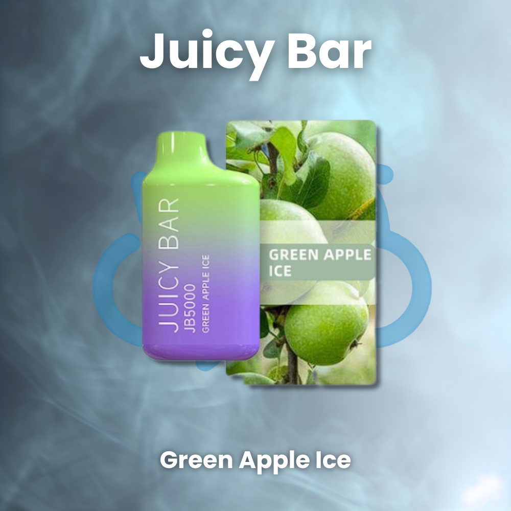 Juicy Bar disposable vape device, sold on the Cloudchasersclub website, featuring the Green Apple Ice flavor with a sleek and compact design. The device is capable of delivering up to 5000 puffs and has a bright green color scheme, with the flavor name prominently displayed on the front. Buy juicy bar 5000 puffs, buy juicy bar 5000 puffs flavors,Juicy bar vape, jb5000, juicy bar 5000 vape, juicy bar disposable, juicy bar vape green apple ice