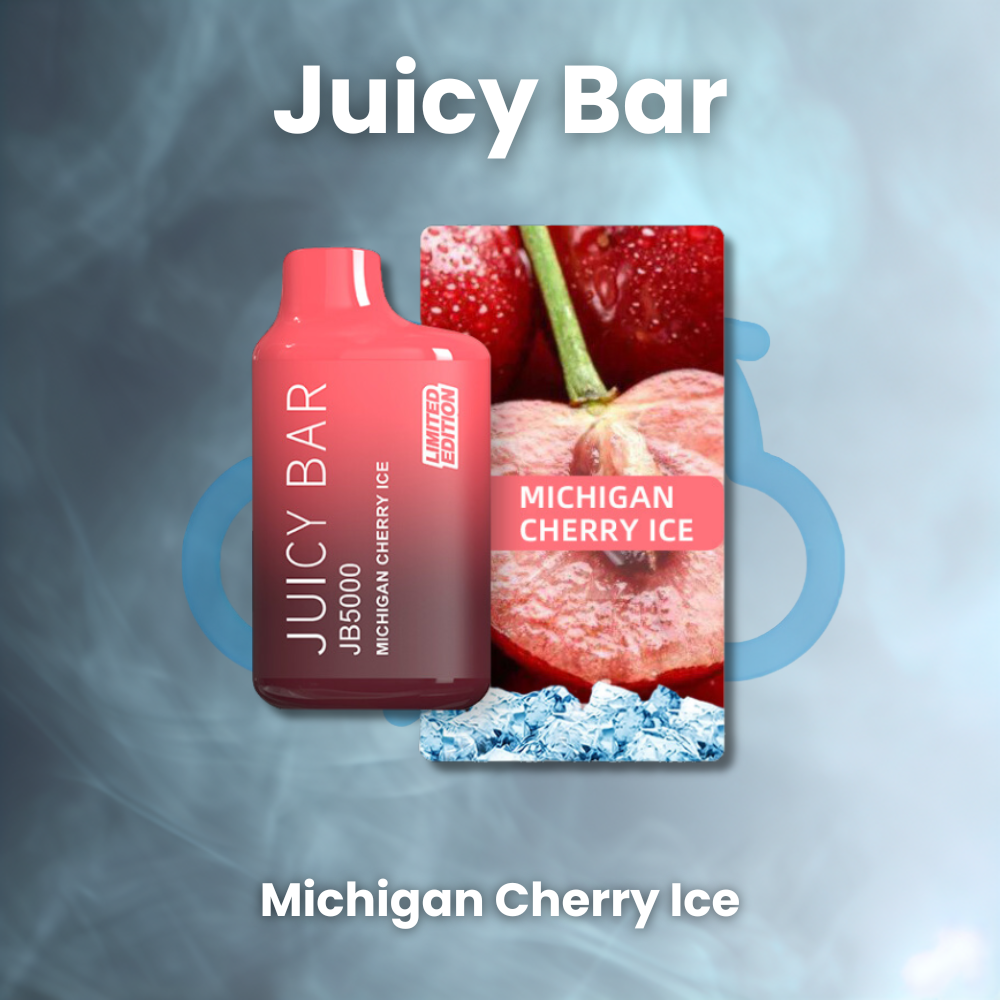  Juicy Bar disposable vape device, sold on the Cloudchasersclub website, featuring the Michigan Cherry Ice flavor with a sleek and compact design. The device is capable of delivering up to 5000 puffs and has a gradient red and white color scheme, with the flavor name prominently displayed on the front.Buy juicy bar 5000 puffs, buy juicy bar 5000 puffs flavors,Juicy bar vape, jb5000, juicy bar 5000 vape, juicy bar disposable, juicy bar michigan cherry ice