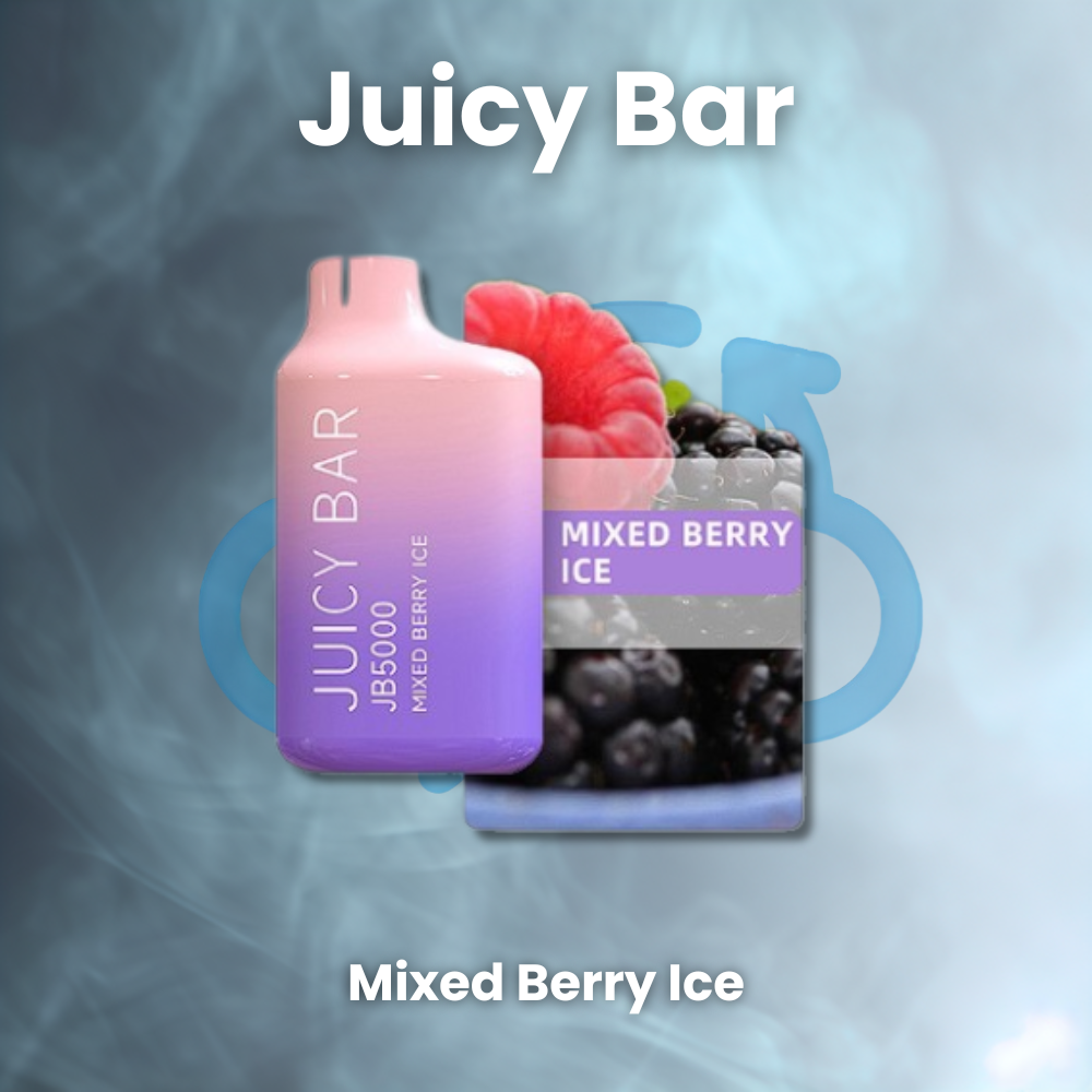  Juicy Bar disposable vape device, sold on the Cloudchasersclub website, featuring the Mixed Berry Ice flavor with a sleek and compact design. The device is capable of delivering up to 5000 puffs and has a gradient pink and purple color scheme, with the flavor name prominently displayed on the front.Buy juicy bar 5000 puffs, buy juicy bar 5000 puffs flavors,Juicy bar vape, jb5000, juicy bar 5000 vape, juicy bar disposable, juicy bar mixed berry ice