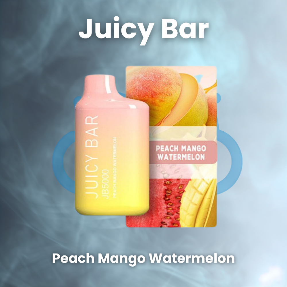 Juicy Bar disposable vape device, sold on the Cloudchasersclub website, featuring the Peach Mango Watermelon flavor with a sleek and compact design. The device is capable of delivering up to 5000 puffs and has a gradient orange and green color scheme, with the flavor name prominently displayed on the front.Buy juicy bar 5000 puffs, buy juicy bar 5000 puffs flavors,Juicy bar vape, jb5000, juicy bar 5000 vape, juicy bar disposable, juicy bar peach mango watermelon