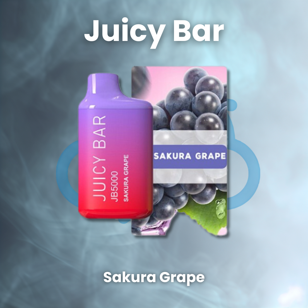 Juicy Bar disposable vape device, sold on the Cloudchasersclub website, featuring the Sakura Grape flavor with a sleek and compact design. The device is capable of delivering up to 5000 puffs and has a gradient pink and purple color scheme, with the flavor name prominently displayed on the front. Buy juicy bar 5000 puffs, buy juicy bar 5000 puffs flavors,Juicy bar vape, jb5000, juicy bar 5000 vape, juicy bar disposable, juicy bar sakura grape