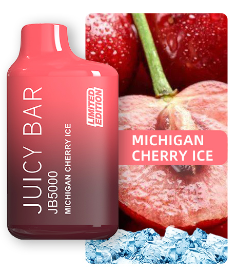 A mouthwatering image of the Juicy Bar disposable vape device, sold on the Cloudchasersclub website, featuring the Michigan Cherry Ice flavor with a sleek and compact design. The device is capable of delivering up to 5000 puffs and has a gradient red and white color scheme, with the flavor name prominently displayed on the front.Buy juicy bar 5000 puffs, buy juicy bar 5000 puffs flavors,Juicy bar vape, jb5000, juicy bar 5000 vape, juicy bar disposable, juicy bar michigan cherry ice